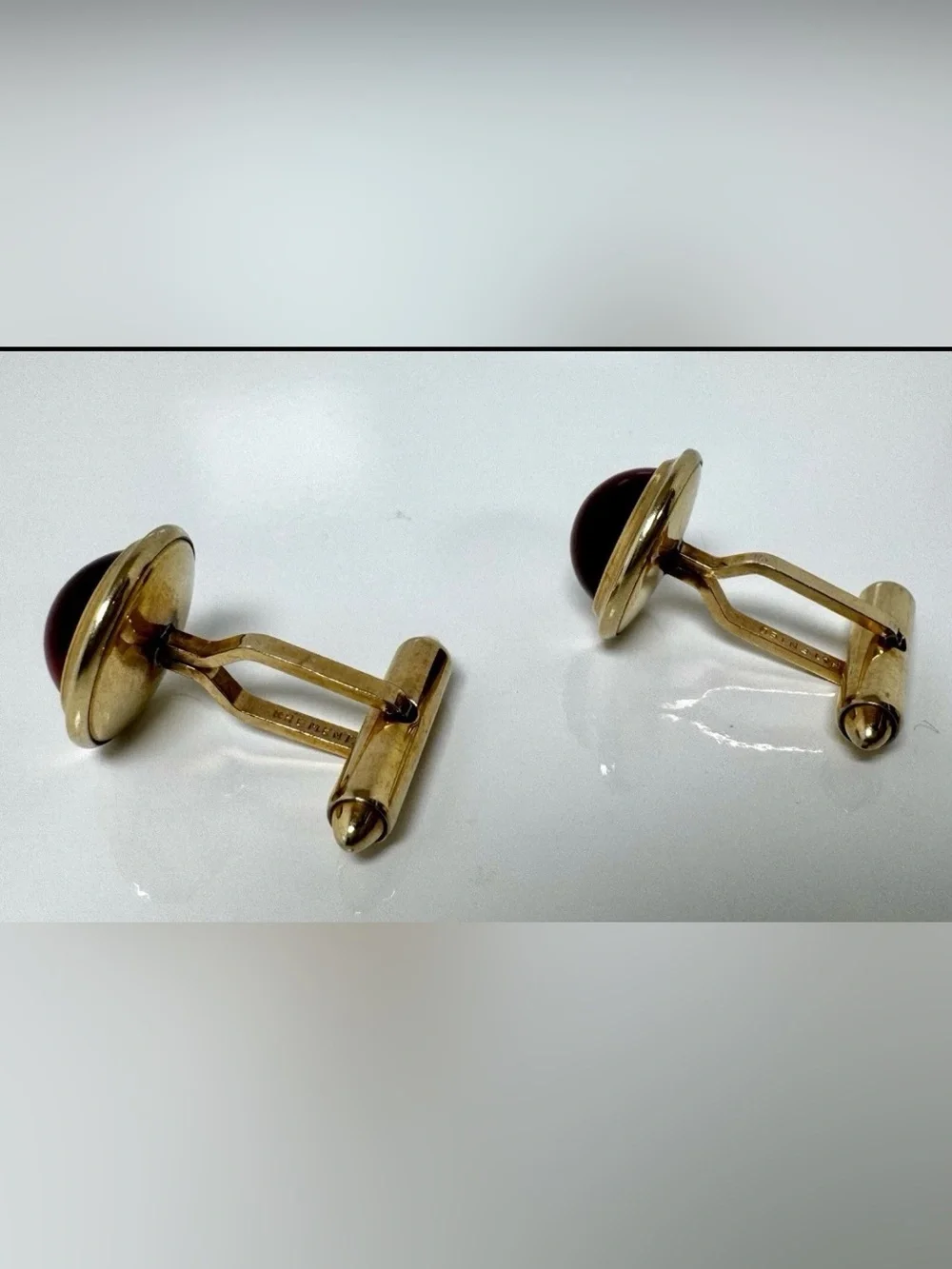 Krementz Gold Plated Red Cabochon Bullet Back Round Signed Men's Cufflinks #1543